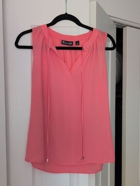New York & Company Coral Pink Sleeveless V-Neck Blouse with Tie